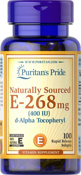 Вітамін Е (d-альфа-токоферол), Vitamin Puritan's Pride натуральний, 268 мг (400 МО), 100 гелевих капсул puritan_540 фото