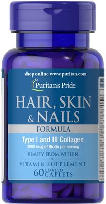 Формула для волосся, шкіри, нігтів, Hair Skin Nails Formula, Puritan's Pride, 60 капсул puritan_7580 фото