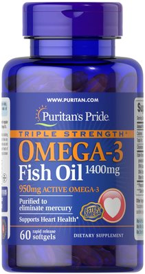 Омега-3 риб'ячий жир, Omega-3 Fish Oil, Puritan's Pride, 1400 мг (950 мг активного омега-3), 60 гелевих капсул puritan_16105 фото