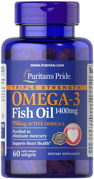 Омега-3 риб'ячий жир, Omega-3 Fish Oil, Puritan's Pride, 1400 мг (950 мг активного омега-3), 60 гелевих капсул puritan_16105 фото