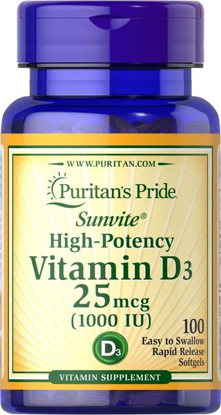 Вітамін D3 Vitamin D3 25 мкг (1000 IU) Puritan's Pride 100 жувальних таблеток puritan_15605 фото